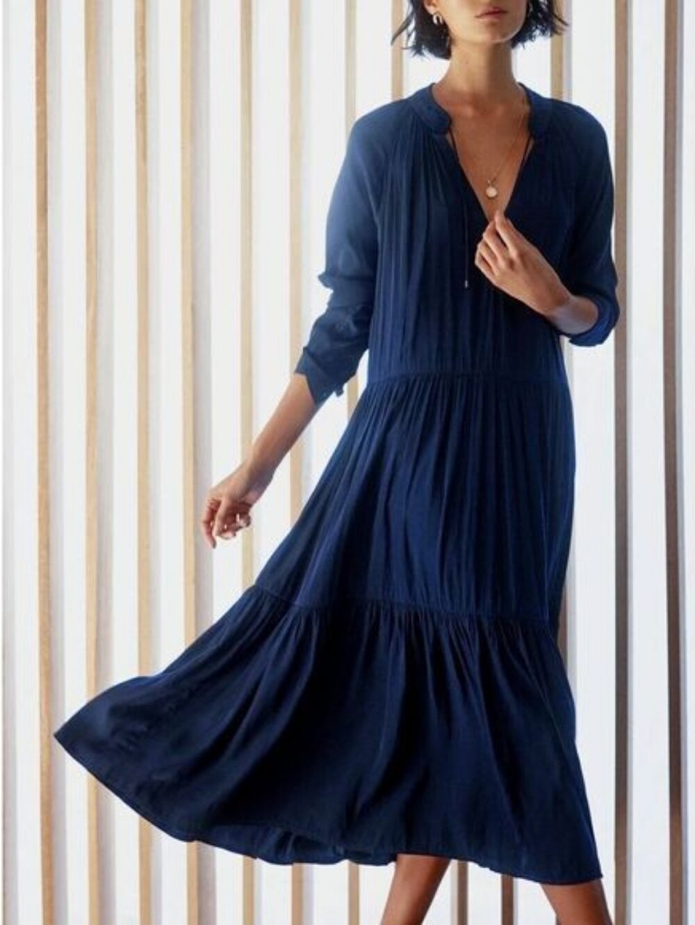BROCHU WALKER Alana Navy Tiered Midi Dress Extra Small